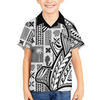 Samoa Tapa Family Matching Off Shoulder Long Sleeve Dress and Hawaiian Shirt Siapo Mix Tatau Patterns - White LT7 Son's Shirt White - Polynesian Pride