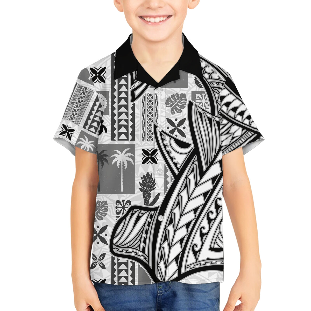 Samoa Tapa Family Matching Summer Maxi Dress and Hawaiian Shirt Siapo Mix Tatau Patterns - White LT7 Son's Shirt White - Polynesian Pride