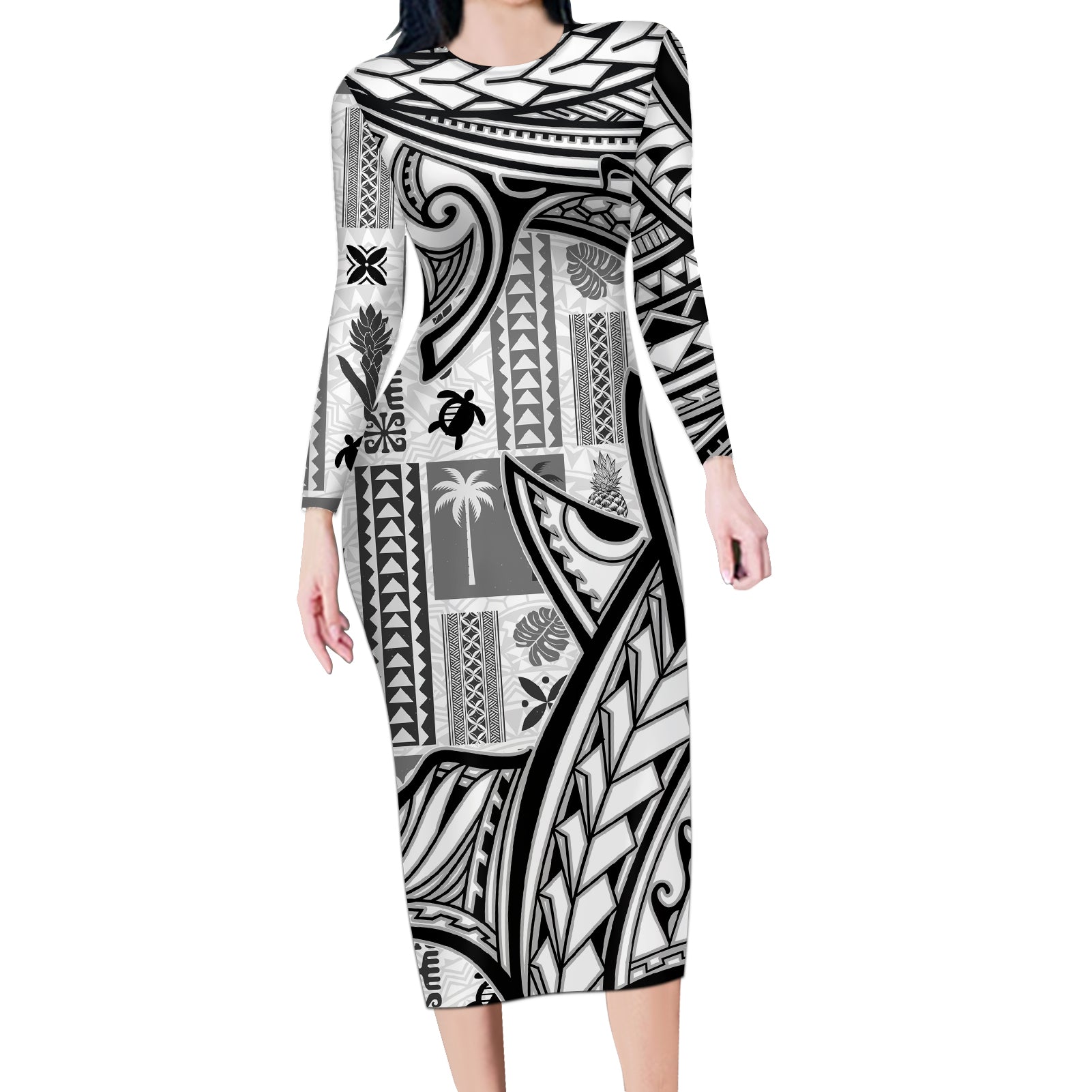 Samoa Tapa Long Sleeve Bodycon Dress Siapo Mix Tatau Patterns - White LT7 Long Dress White - Polynesian Pride