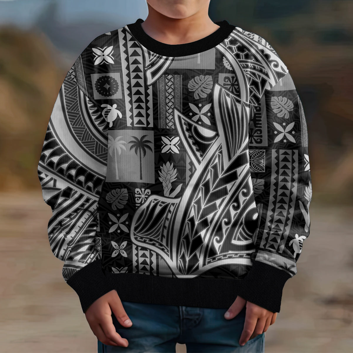 Samoa Tapa Kid Ugly Christmas Sweater Siapo Mix Tatau Patterns - Black LT7 - Polynesian Pride
