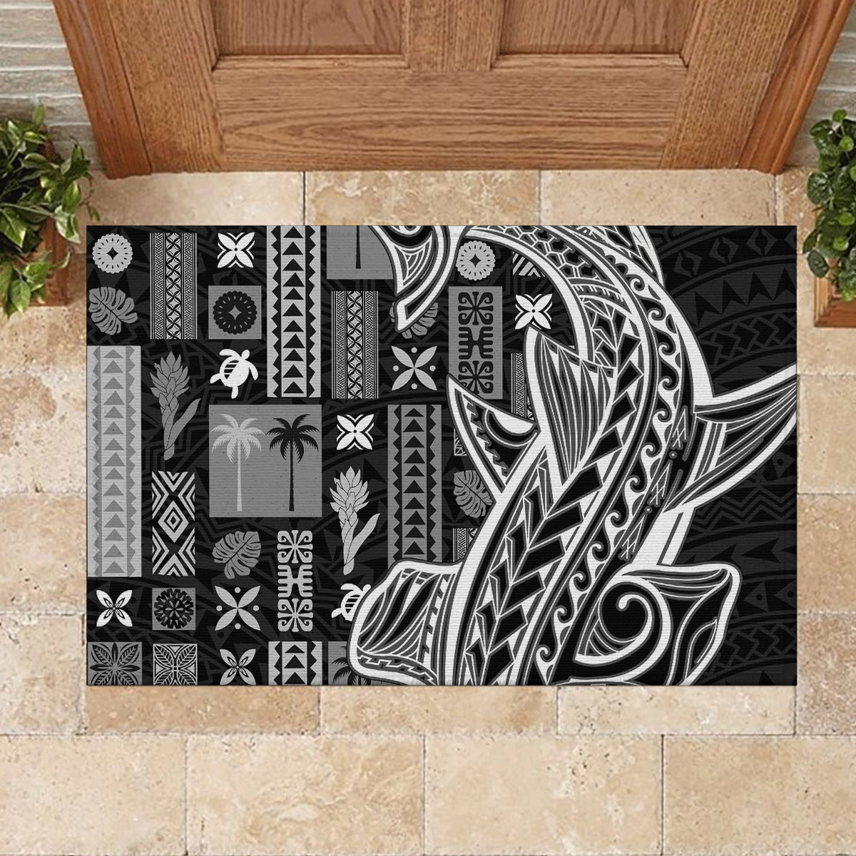Samoa Tapa Rubber Doormat Siapo Mix Tatau Patterns - Black LT7 - Polynesian Pride
