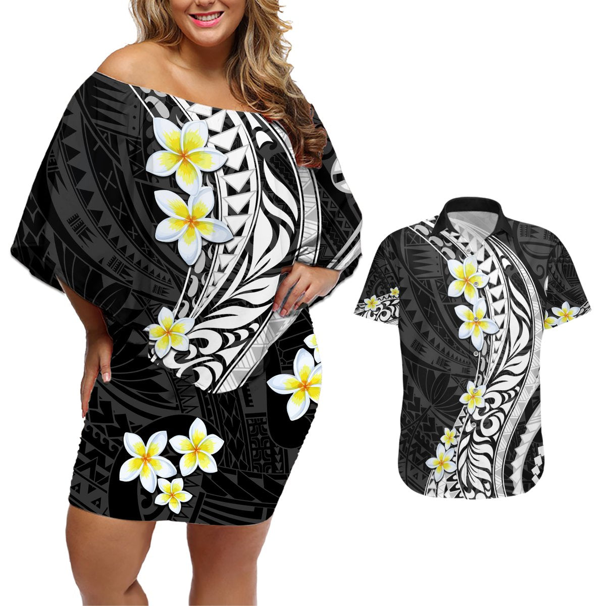 Hawaii Aloha Couples Matching Off Shoulder Short Dress and Hawaiian Shirt Plumeria Vintage - Black LT7 Black - Polynesian Pride