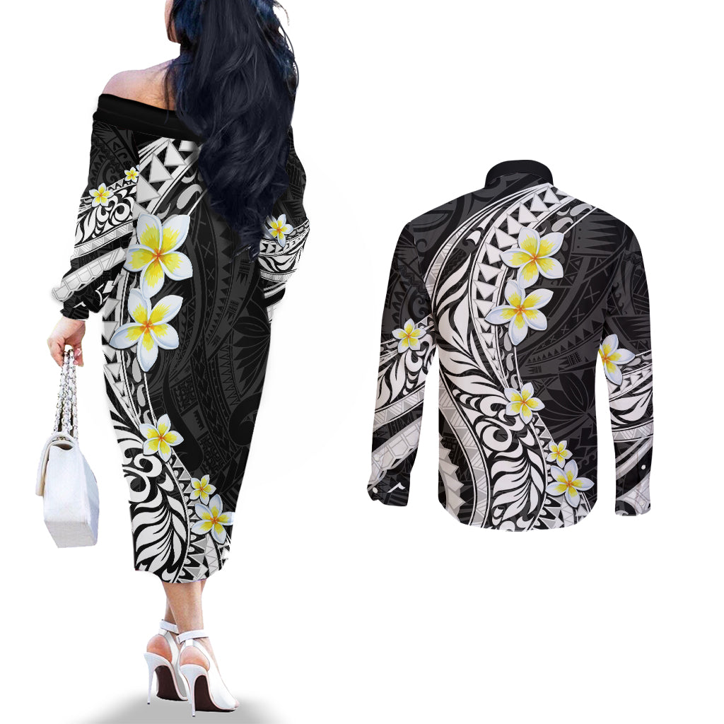 Hawaii Aloha Couples Matching Off The Shoulder Long Sleeve Dress and Long Sleeve Button Shirt Plumeria Vintage - Black LT7 - Polynesian Pride