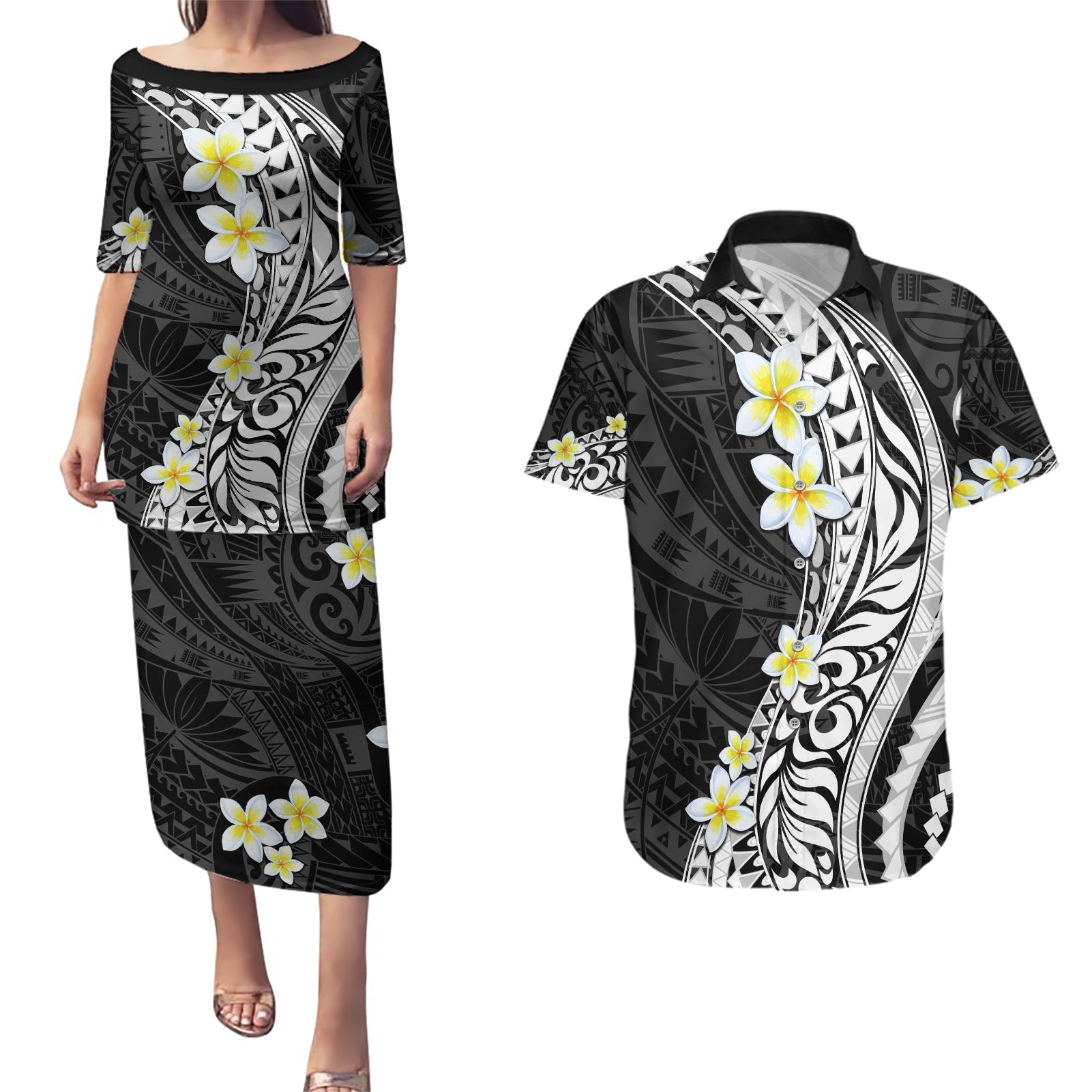 Hawaii Aloha Couples Matching Puletasi Dress and Hawaiian Shirt Plumeria Vintage - Black LT7 Black - Polynesian Pride