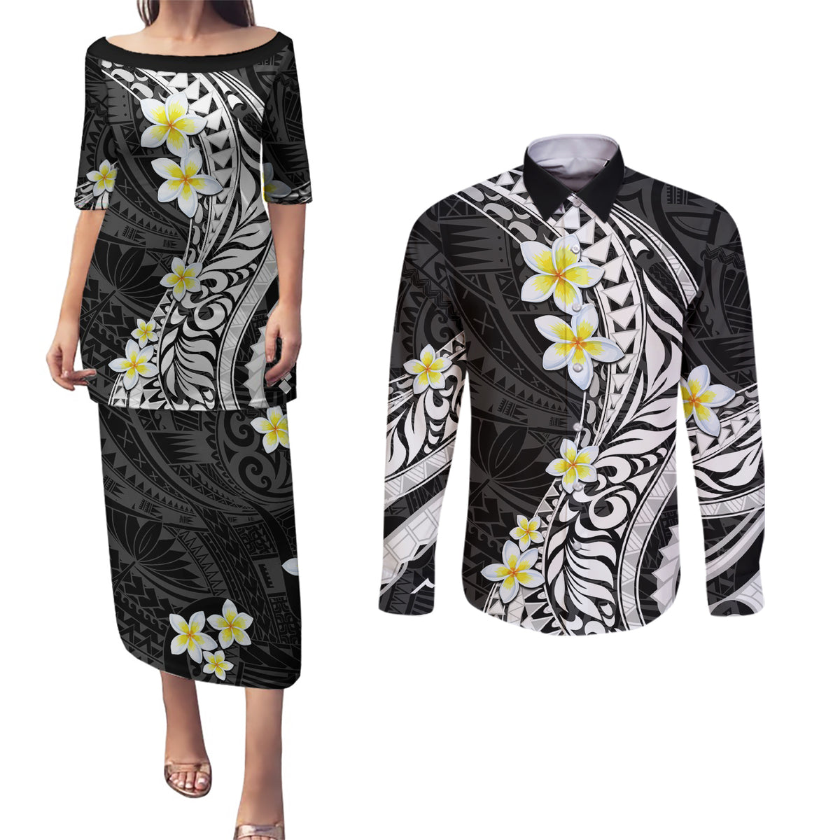 Hawaii Aloha Couples Matching Puletasi Dress and Long Sleeve Button Shirt Plumeria Vintage - Black LT7 Black - Polynesian Pride