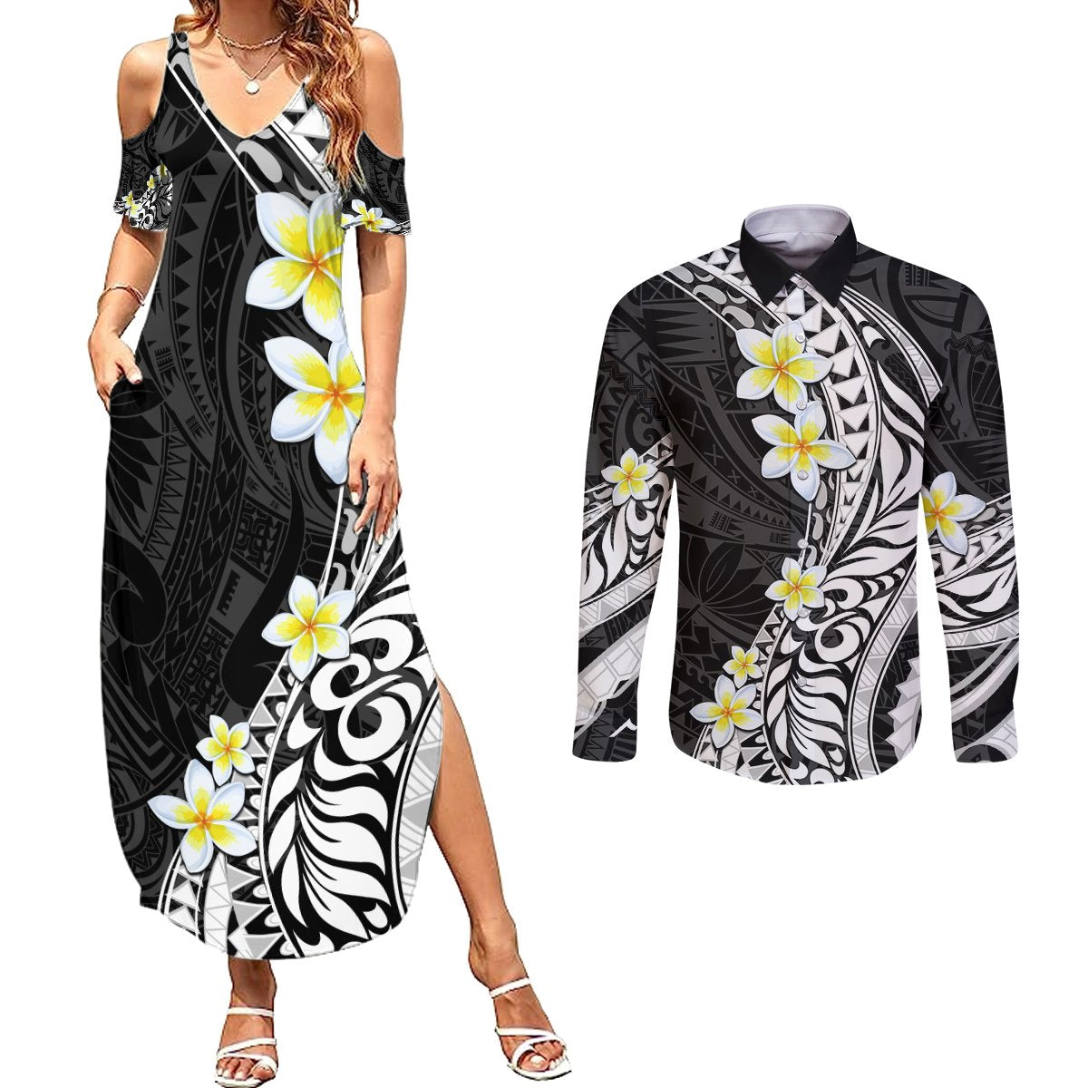 Hawaii Aloha Couples Matching Summer Maxi Dress and Long Sleeve Button Shirt Plumeria Vintage - Black LT7 Black - Polynesian Pride