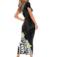Hawaii Aloha Short Sleeve Bodycon Dress Plumeria Vintage - Black LT7 - Polynesian Pride