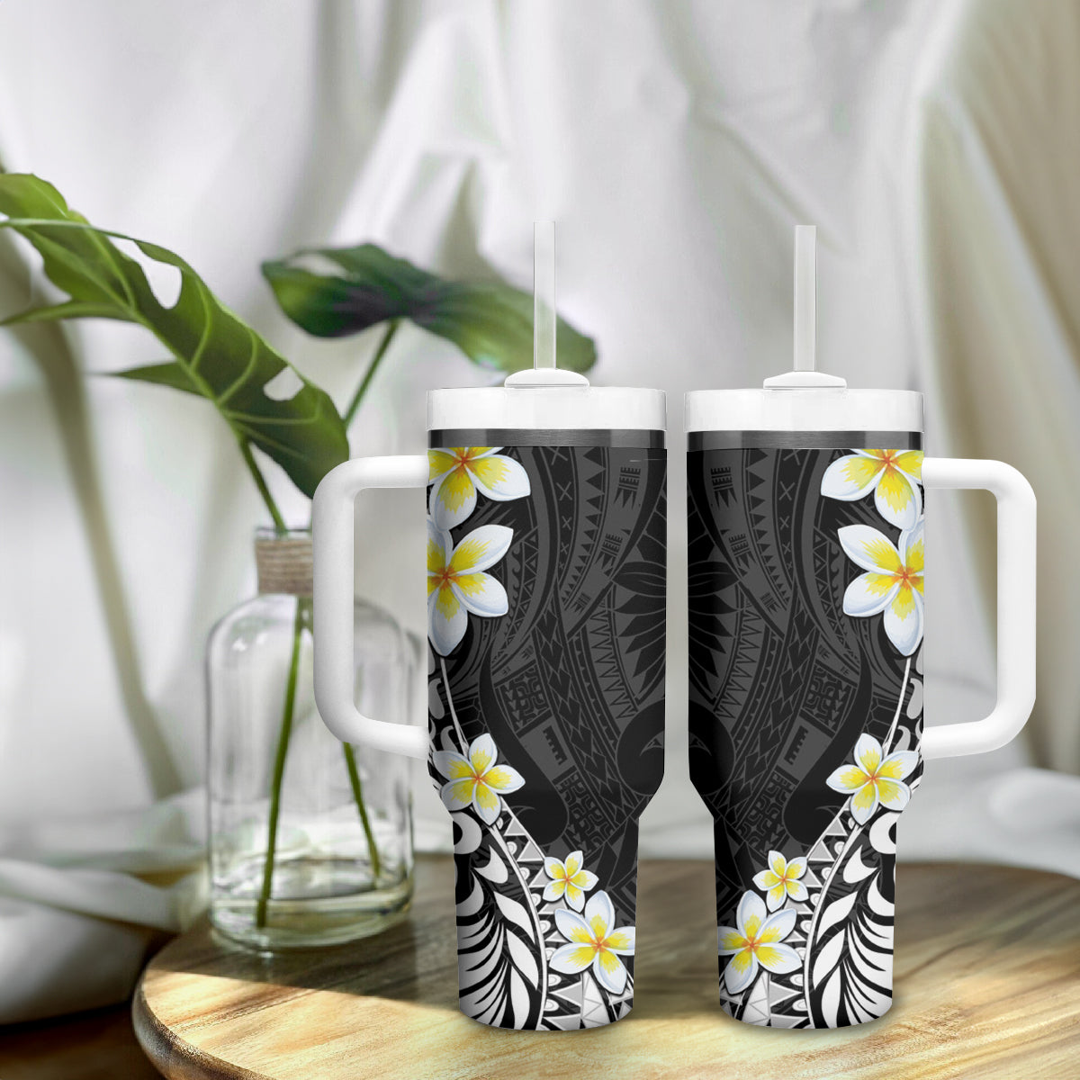 Hawaii Aloha Tumbler With Handle Plumeria Vintage - Black LT7 - Polynesian Pride
