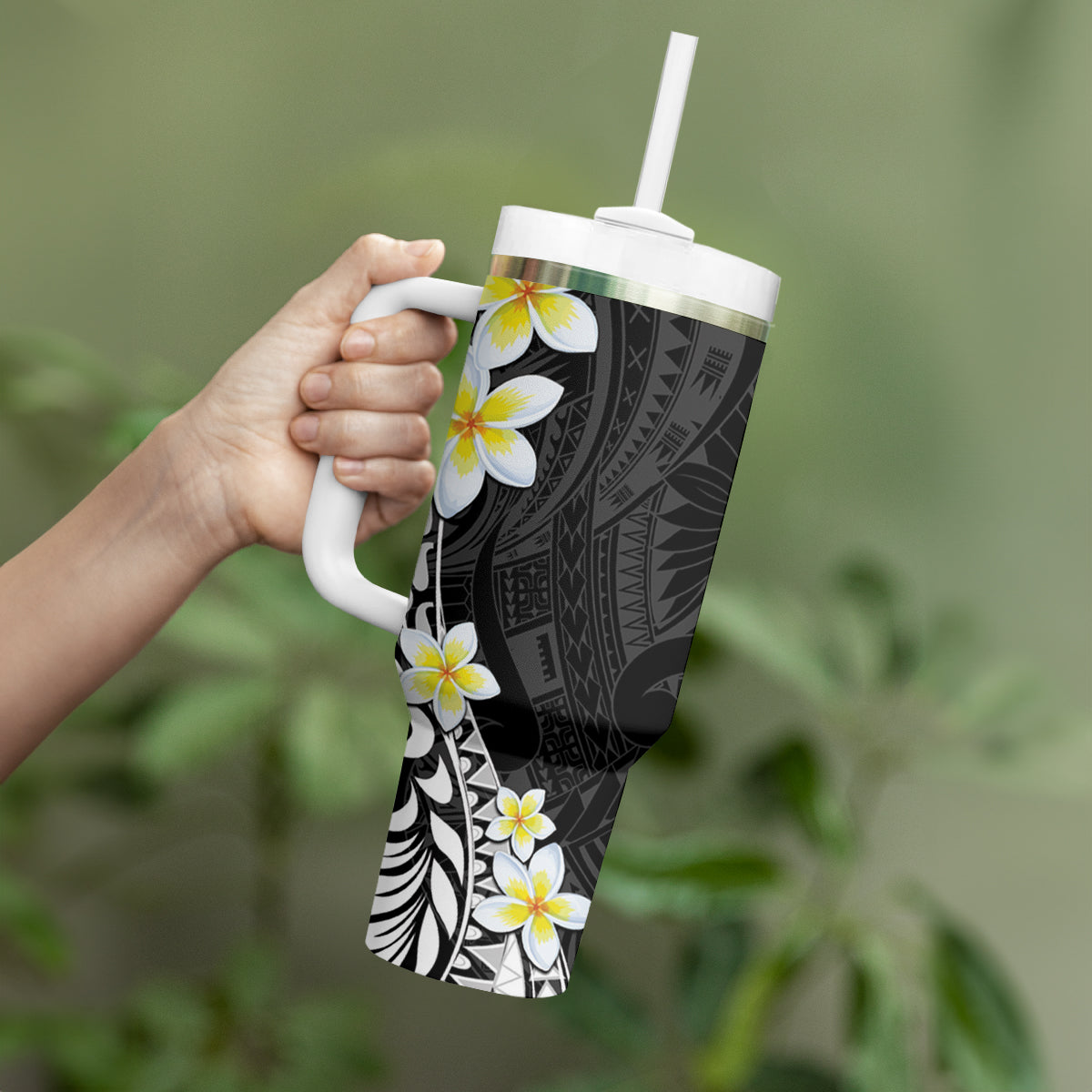 Hawaii Aloha Tumbler With Handle Plumeria Vintage - Black LT7 - Polynesian Pride