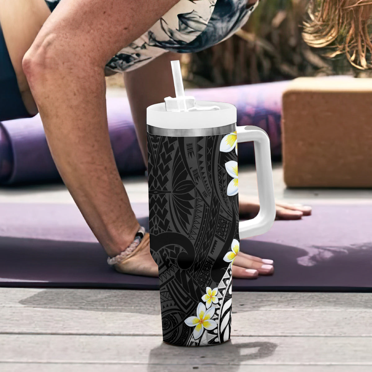 Hawaii Aloha Tumbler With Handle Plumeria Vintage - Black LT7 - Polynesian Pride