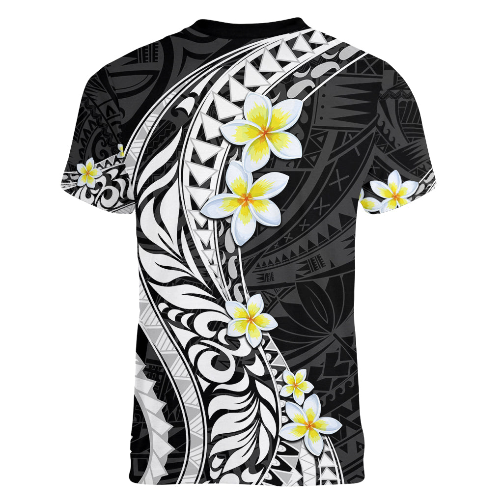 Hawaii Aloha Women V Neck T Shirt Plumeria Vintage - Black LT7 - Polynesian Pride