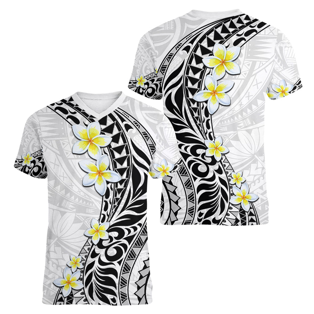 Hawaii Aloha Women V Neck T Shirt Plumeria Vintage - White LT7 - Polynesian Pride