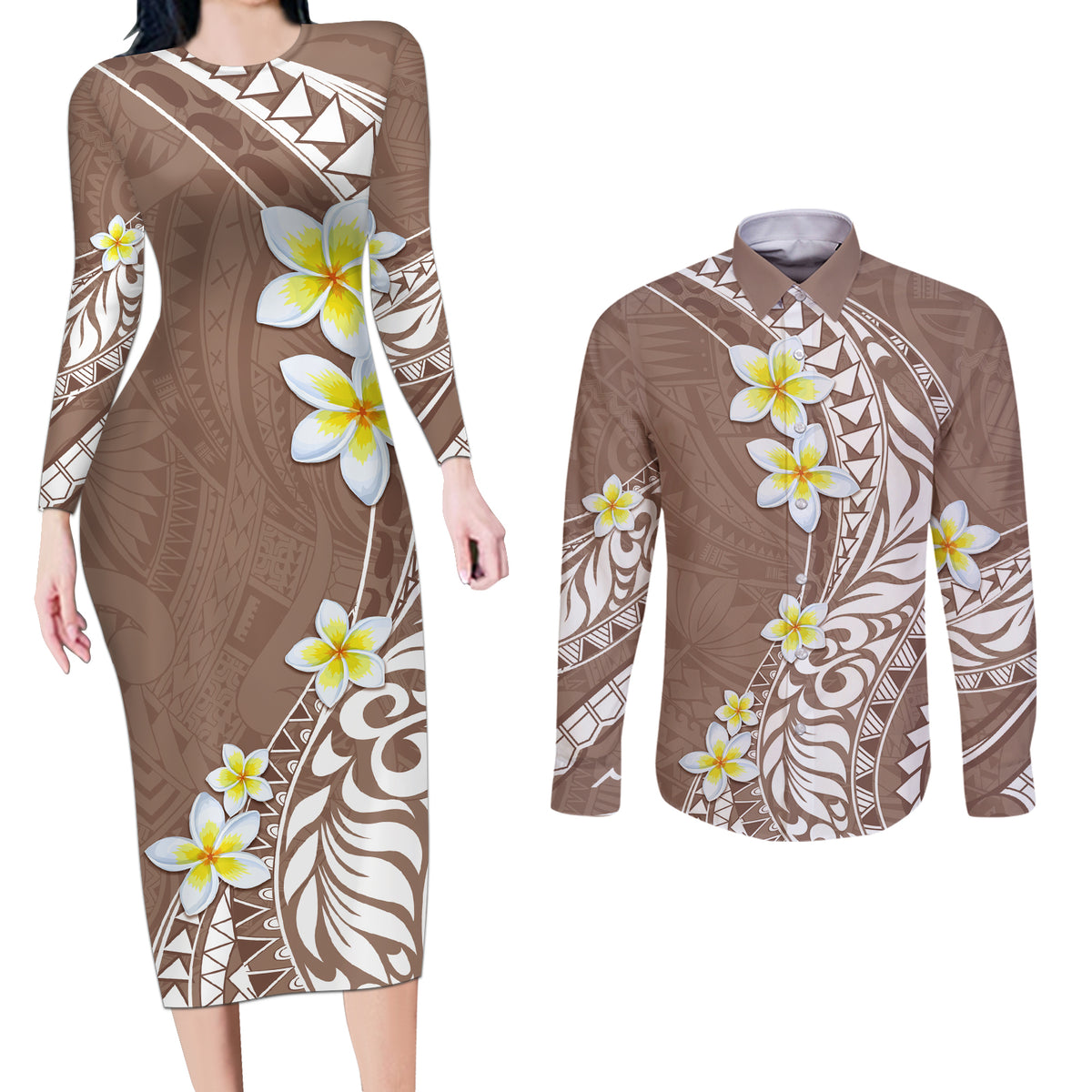 Hawaii Aloha Couples Matching Long Sleeve Bodycon Dress and Long Sleeve Button Shirt Plumeria Vintage - Brown LT7 Brown - Polynesian Pride