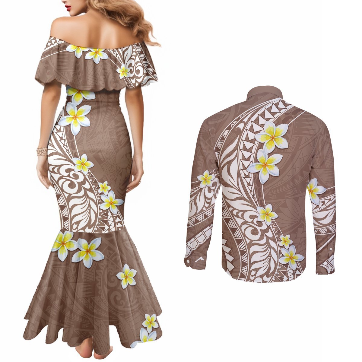 Hawaii Aloha Couples Matching Mermaid Dress and Long Sleeve Button Shirt Plumeria Vintage - Brown LT7 - Polynesian Pride