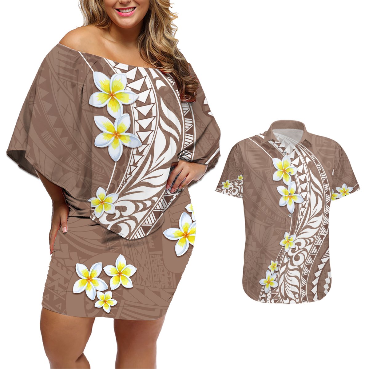Hawaii Aloha Couples Matching Off Shoulder Short Dress and Hawaiian Shirt Plumeria Vintage - Brown LT7 Brown - Polynesian Pride