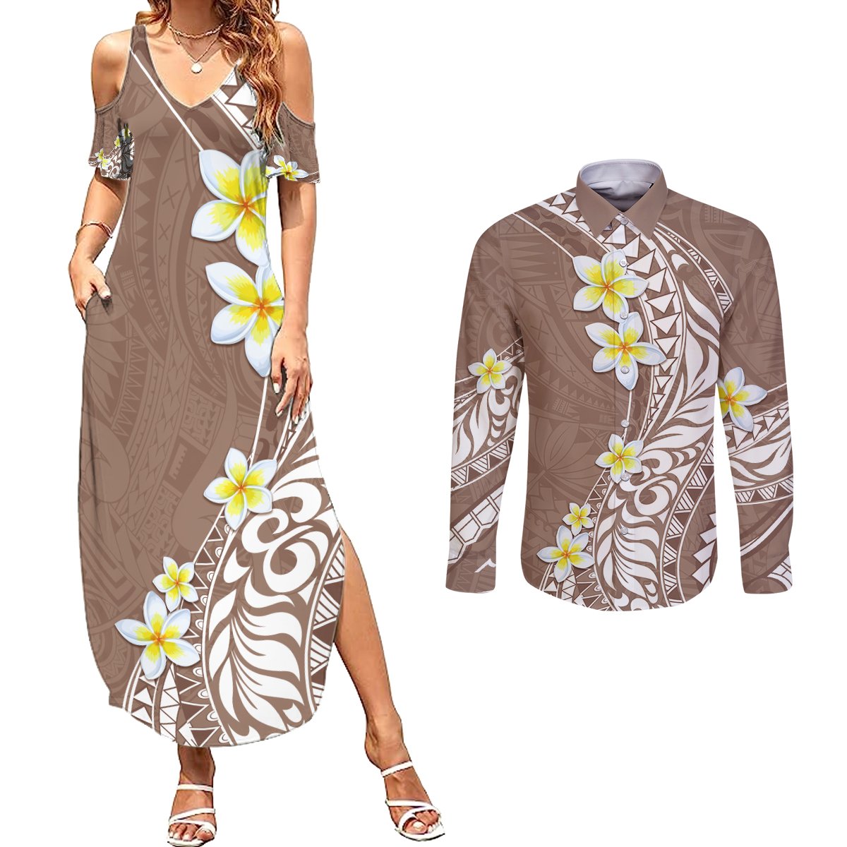 Hawaii Aloha Couples Matching Summer Maxi Dress and Long Sleeve Button Shirt Plumeria Vintage - Brown LT7 Brown - Polynesian Pride