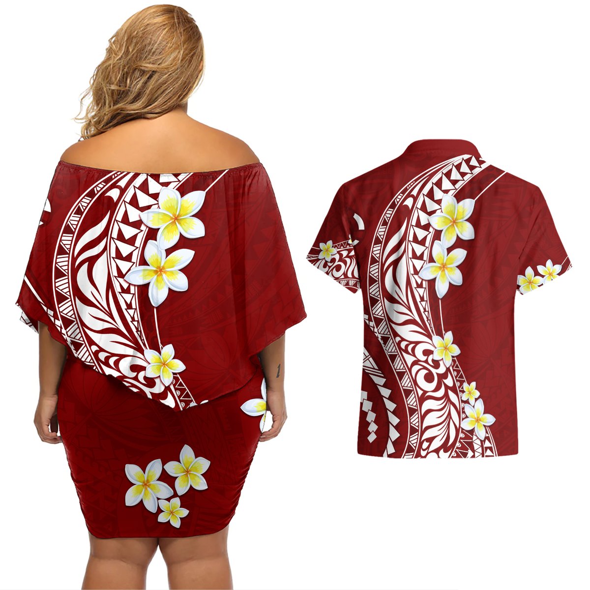 Hawaii Aloha Couples Matching Off Shoulder Short Dress and Hawaiian Shirt Plumeria Vintage - Crimson LT7 - Polynesian Pride
