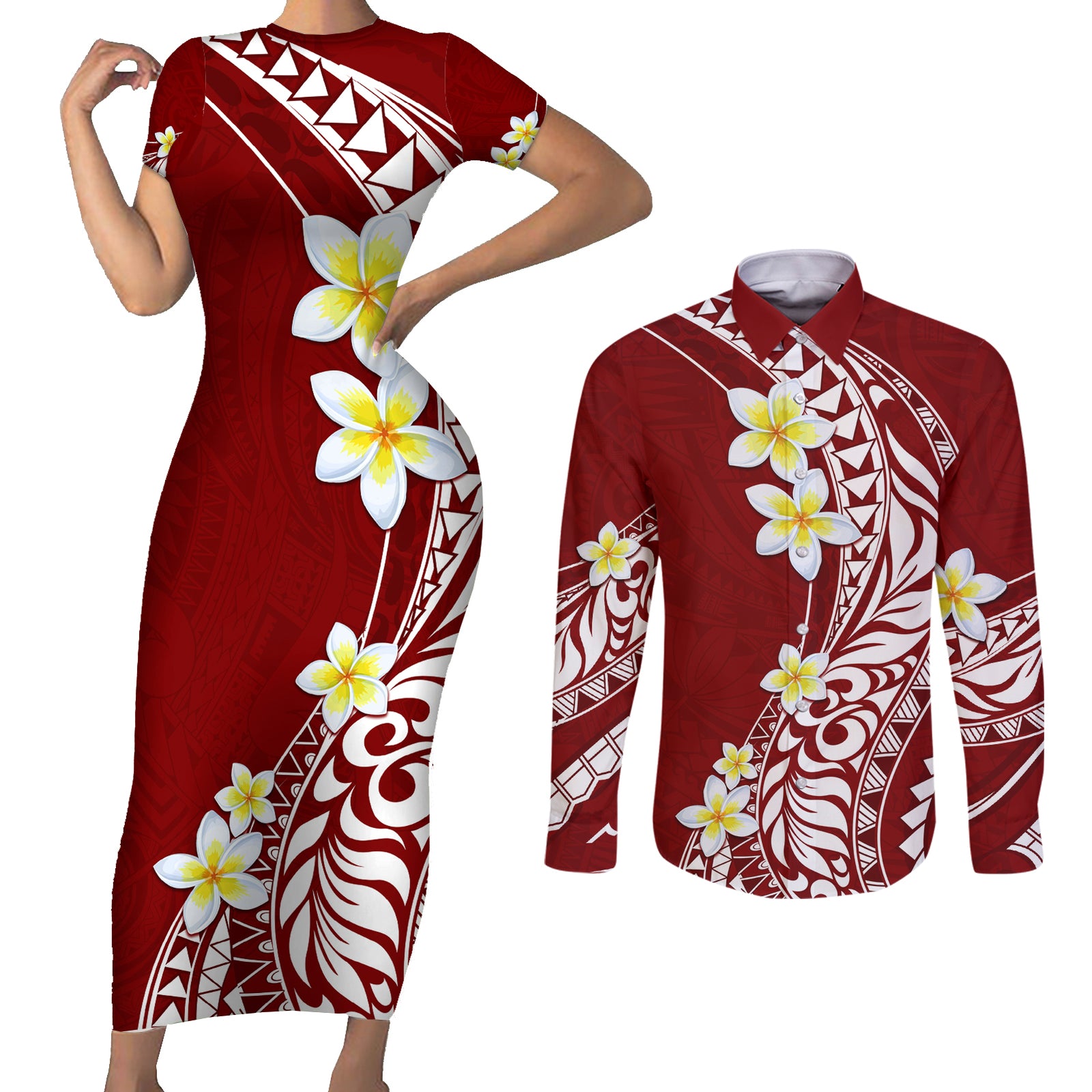 Hawaii Aloha Couples Matching Short Sleeve Bodycon Dress and Long Sleeve Button Shirt Plumeria Vintage - Crimson LT7 Crimson - Polynesian Pride