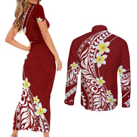 Hawaii Aloha Couples Matching Short Sleeve Bodycon Dress and Long Sleeve Button Shirt Plumeria Vintage - Crimson LT7 - Polynesian Pride