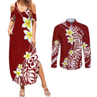Hawaii Aloha Couples Matching Summer Maxi Dress and Long Sleeve Button Shirt Plumeria Vintage - Crimson LT7 Crimson - Polynesian Pride