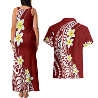 Hawaii Aloha Couples Matching Tank Maxi Dress and Hawaiian Shirt Plumeria Vintage - Crimson LT7 - Polynesian Pride