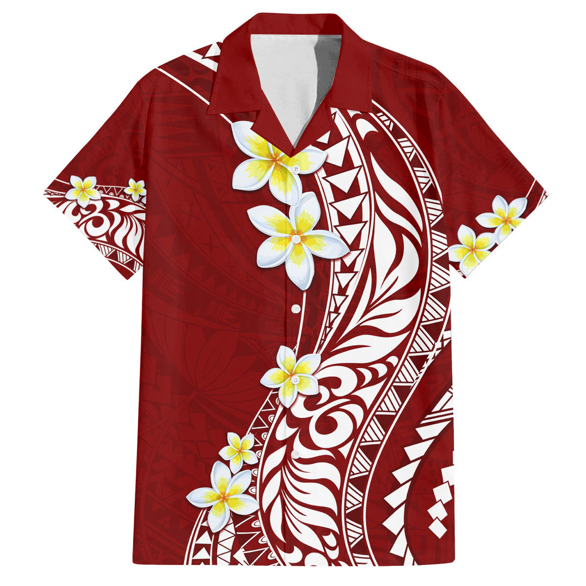 Hawaii Aloha Family Matching Off Shoulder Long Sleeve Dress and Hawaiian Shirt Plumeria Vintage - Crimson LT7 Dad's Shirt - Short Sleeve Crimson - Polynesian Pride