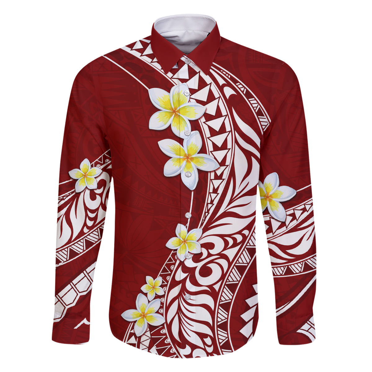 Hawaii Aloha Family Matching Tank Maxi Dress and Hawaiian Shirt Plumeria Vintage - Crimson LT7 Dad's Shirt - Long Sleeve Crimson - Polynesian Pride