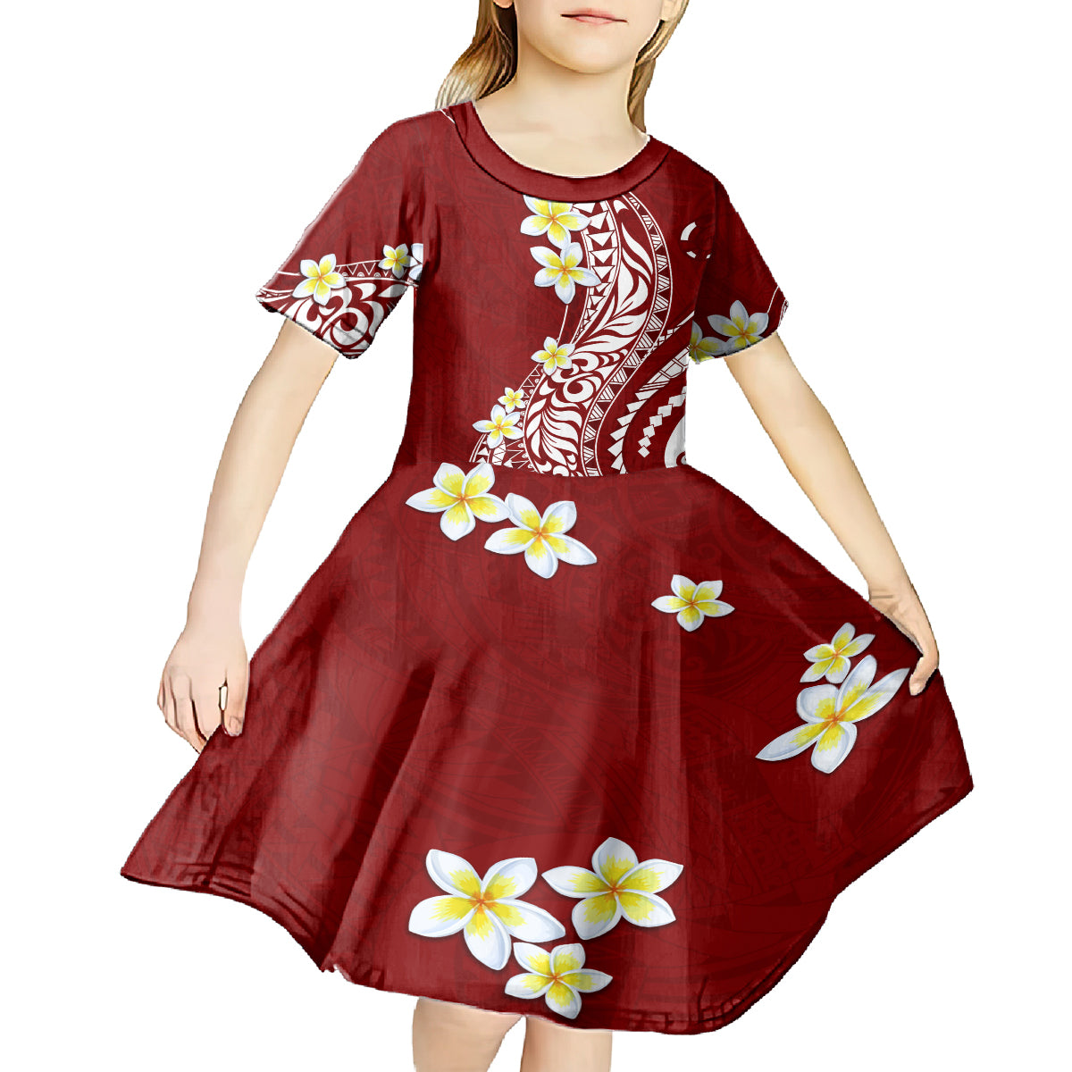 Hawaii Aloha Kid Short Sleeve Dress Plumeria Vintage - Crimson LT7 - Polynesian Pride