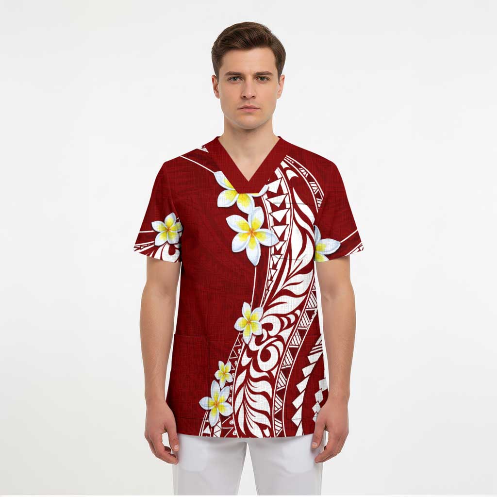Hawaii Aloha Scrub Top Plumeria Vintage - Crimson - Polynesian Pride