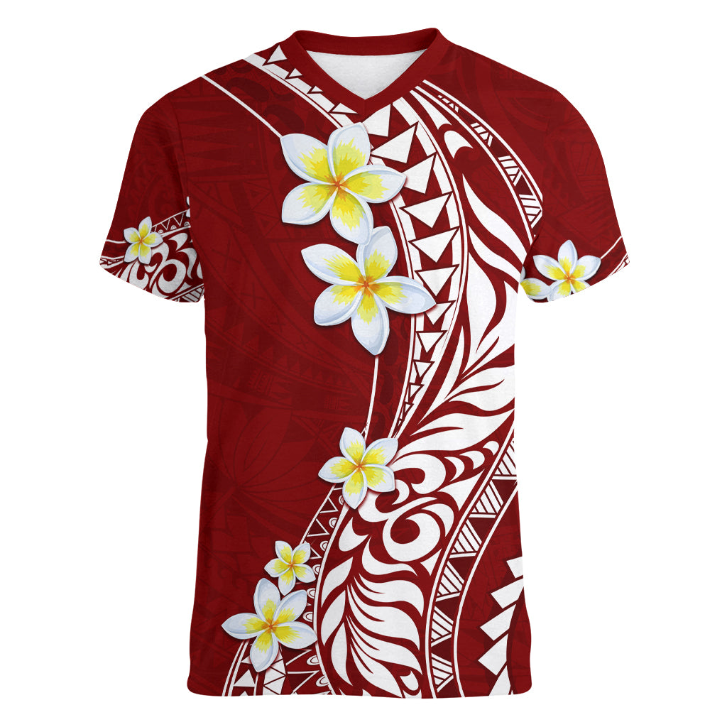 Hawaii Aloha Women V Neck T Shirt Plumeria Vintage - Crimson LT7 Female Crimson - Polynesian Pride