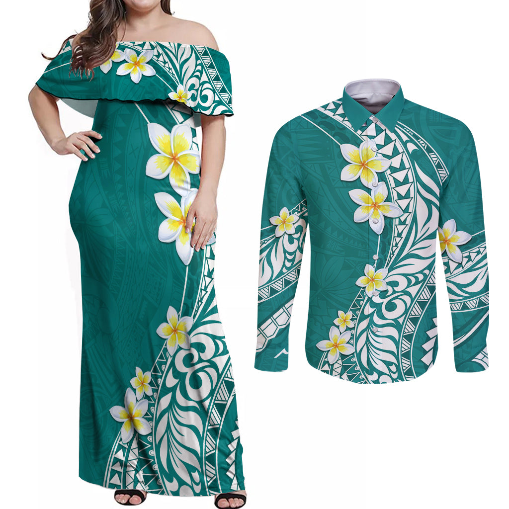 Hawaii Aloha Couples Matching Off Shoulder Maxi Dress and Long Sleeve Button Shirt Plumeria Vintage - Teal LT7 Teal - Polynesian Pride