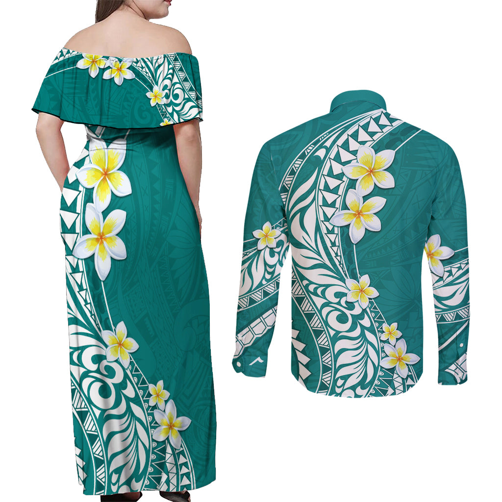 Hawaii Aloha Couples Matching Off Shoulder Maxi Dress and Long Sleeve Button Shirt Plumeria Vintage - Teal LT7 - Polynesian Pride