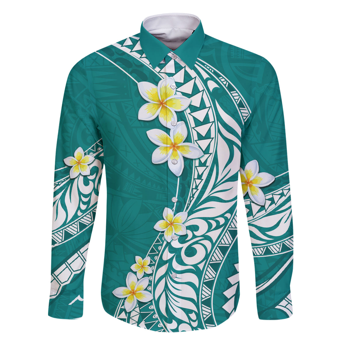 Hawaii Aloha Family Matching Off Shoulder Short Dress and Hawaiian Shirt Plumeria Vintage - Teal LT7 Dad's Shirt - Long Sleeve Teal - Polynesian Pride