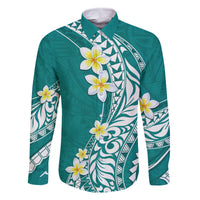 Hawaii Aloha Family Matching Off Shoulder Short Dress and Hawaiian Shirt Plumeria Vintage - Teal LT7 Dad's Shirt - Long Sleeve Teal - Polynesian Pride