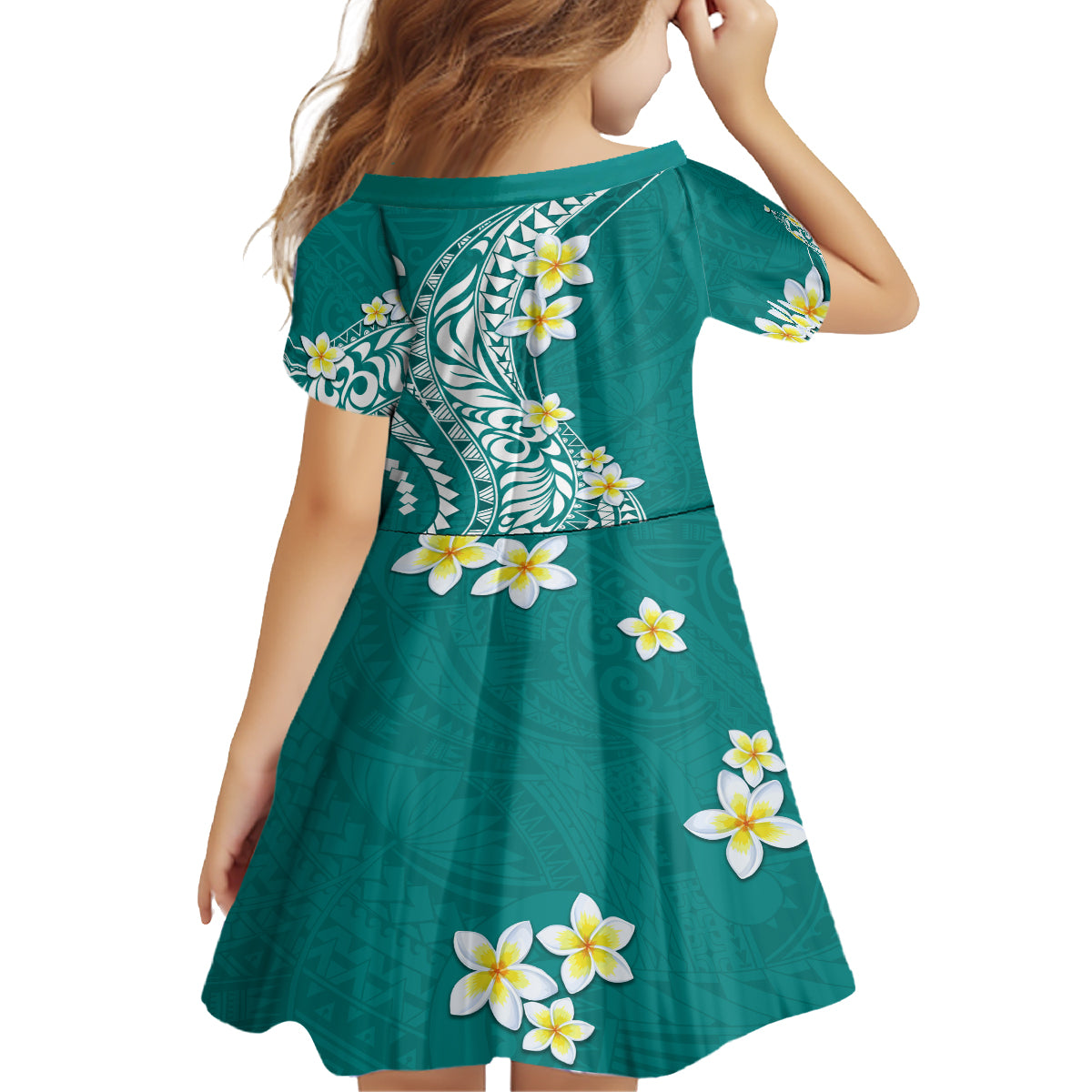 Hawaii Aloha Kid Short Sleeve Dress Plumeria Vintage - Teal LT7 - Polynesian Pride