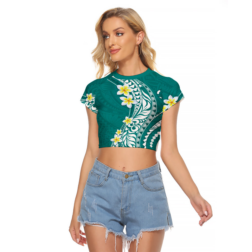 Hawaii Aloha Raglan Cropped T Shirt Plumeria Vintage - Teal LT7 Female Teal - Polynesian Pride