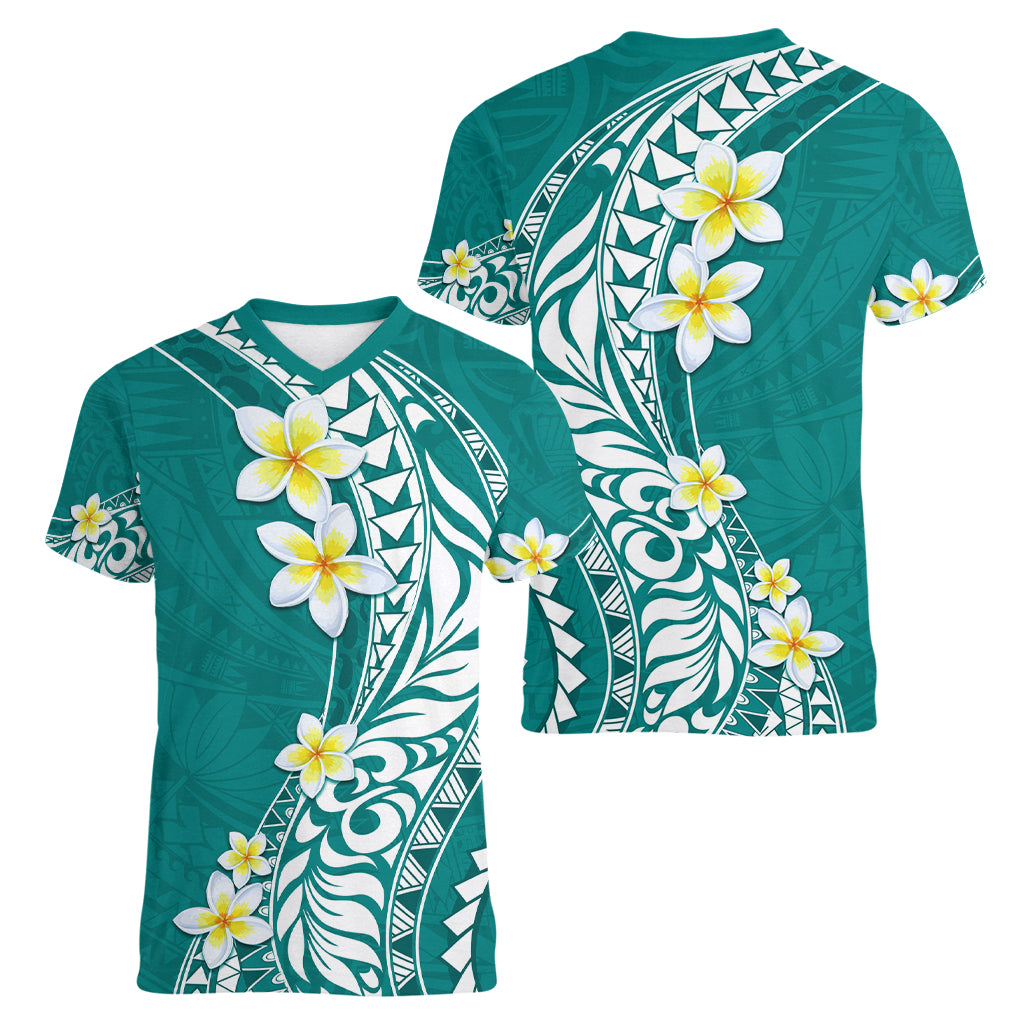 Hawaii Aloha Women V Neck T Shirt Plumeria Vintage - Teal LT7 - Polynesian Pride