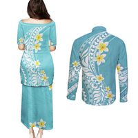 Hawaii Aloha Couples Matching Puletasi Dress and Long Sleeve Button Shirt Plumeria Vintage - Turquoise LT7 - Polynesian Pride