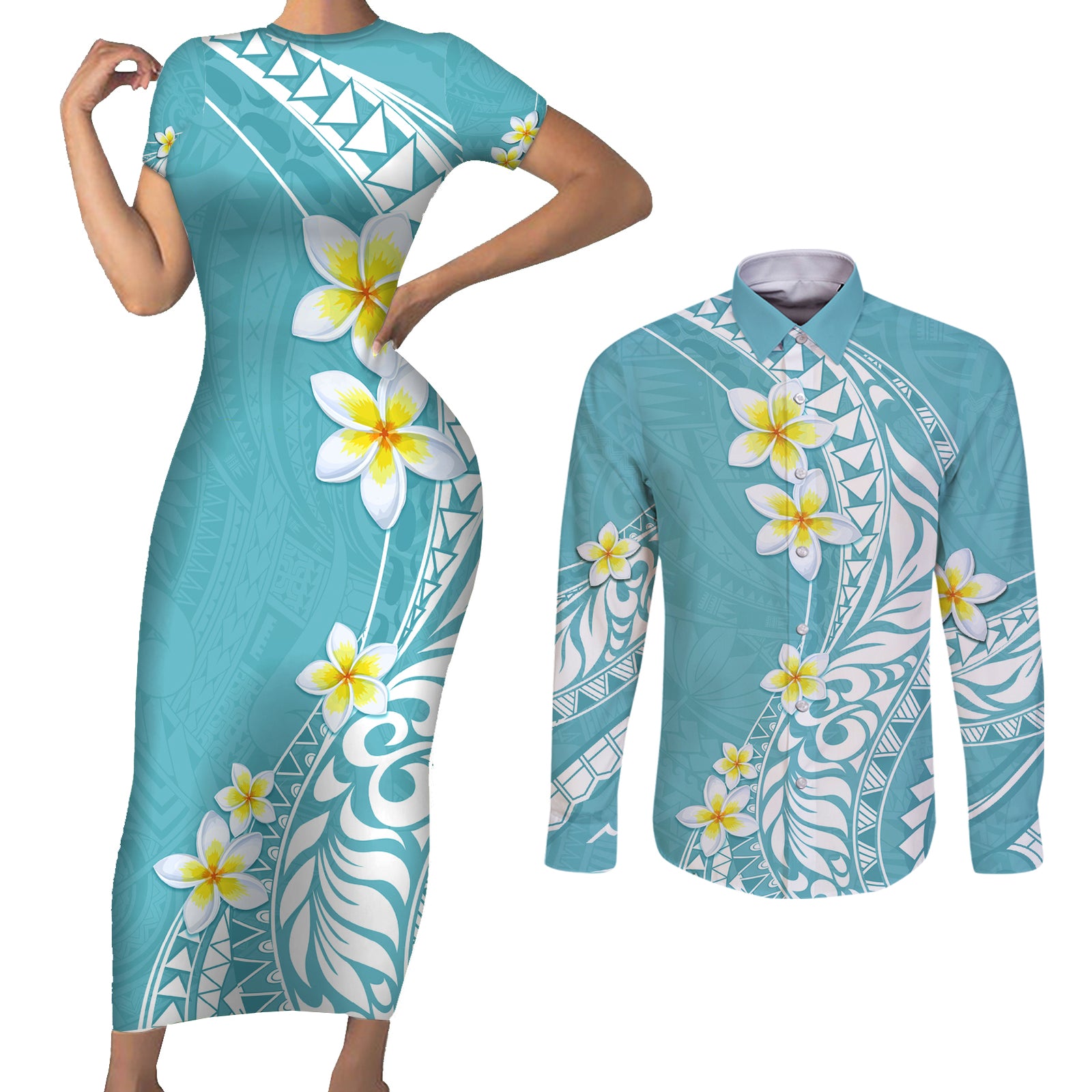 Hawaii Aloha Couples Matching Short Sleeve Bodycon Dress and Long Sleeve Button Shirt Plumeria Vintage - Turquoise LT7 Turquoise - Polynesian Pride