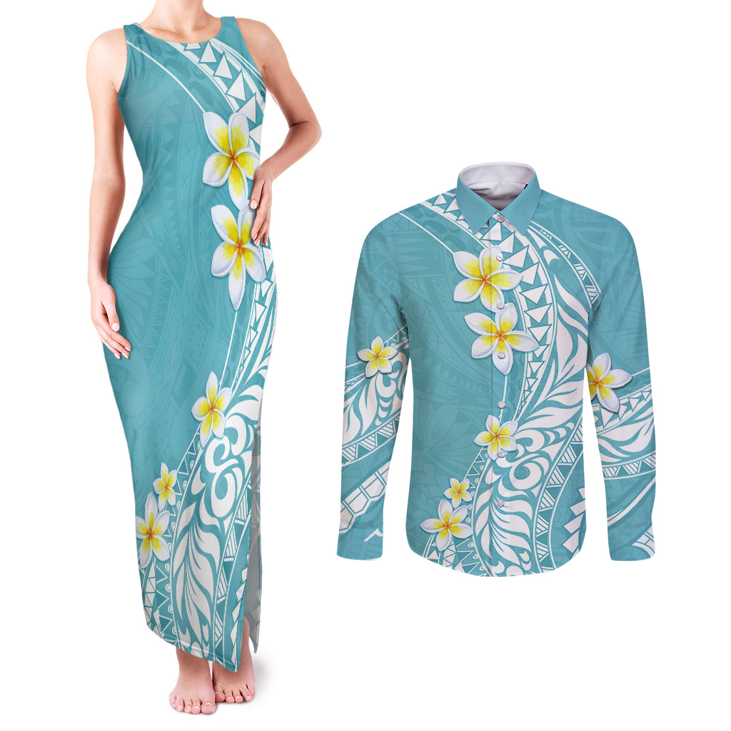 Hawaii Aloha Couples Matching Tank Maxi Dress and Long Sleeve Button Shirt Plumeria Vintage - Turquoise LT7 Turquoise - Polynesian Pride