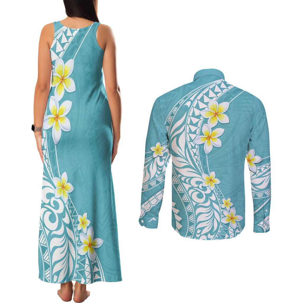 Hawaii Aloha Couples Matching Tank Maxi Dress and Long Sleeve Button Shirt Plumeria Vintage - Turquoise LT7 - Polynesian Pride