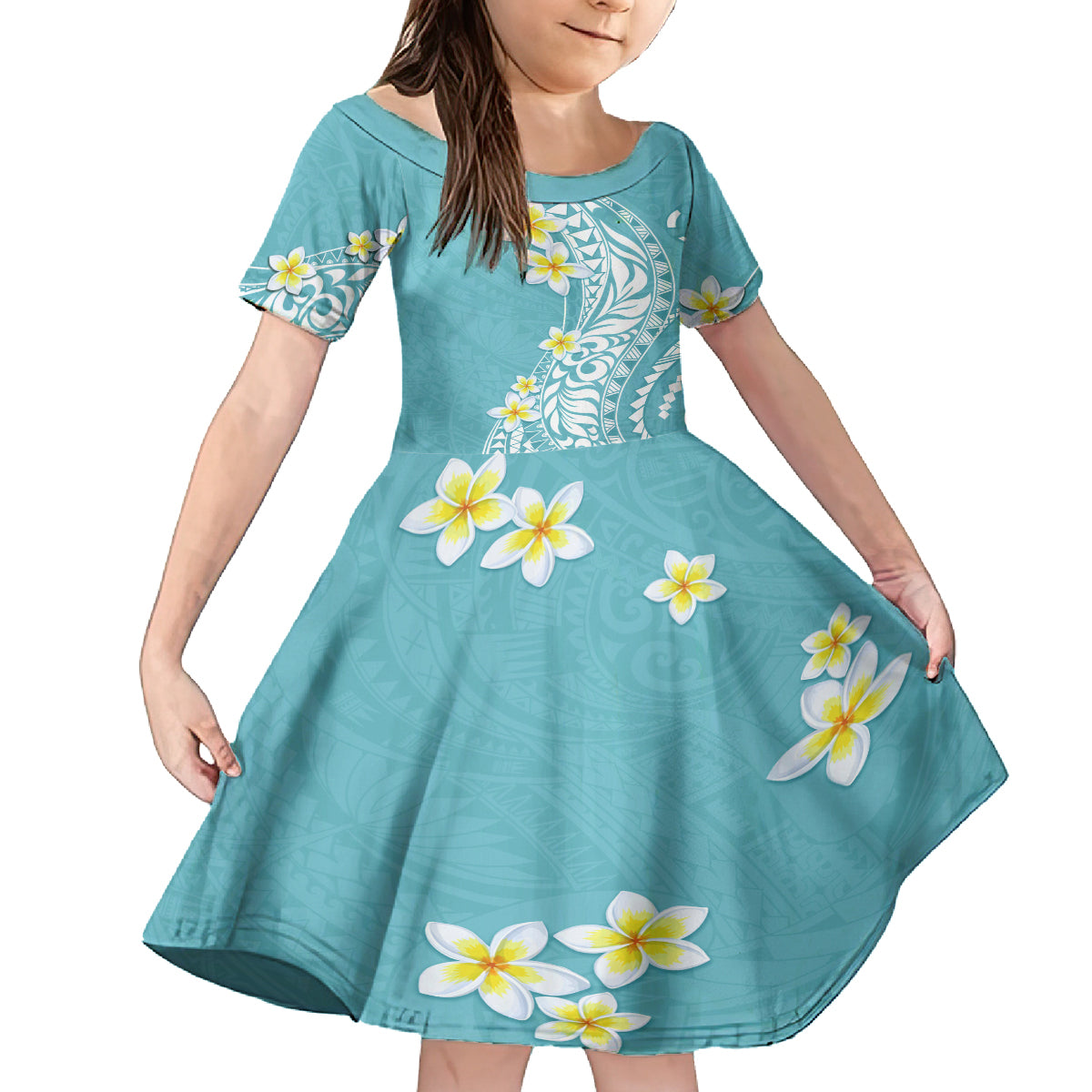Hawaii Aloha Family Matching Long Sleeve Bodycon Dress and Hawaiian Shirt Plumeria Vintage - Turquoise LT7 Daughter's Dress Turquoise - Polynesian Pride