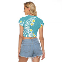 Hawaii Aloha Raglan Cropped T Shirt Plumeria Vintage - Turquoise LT7 - Polynesian Pride