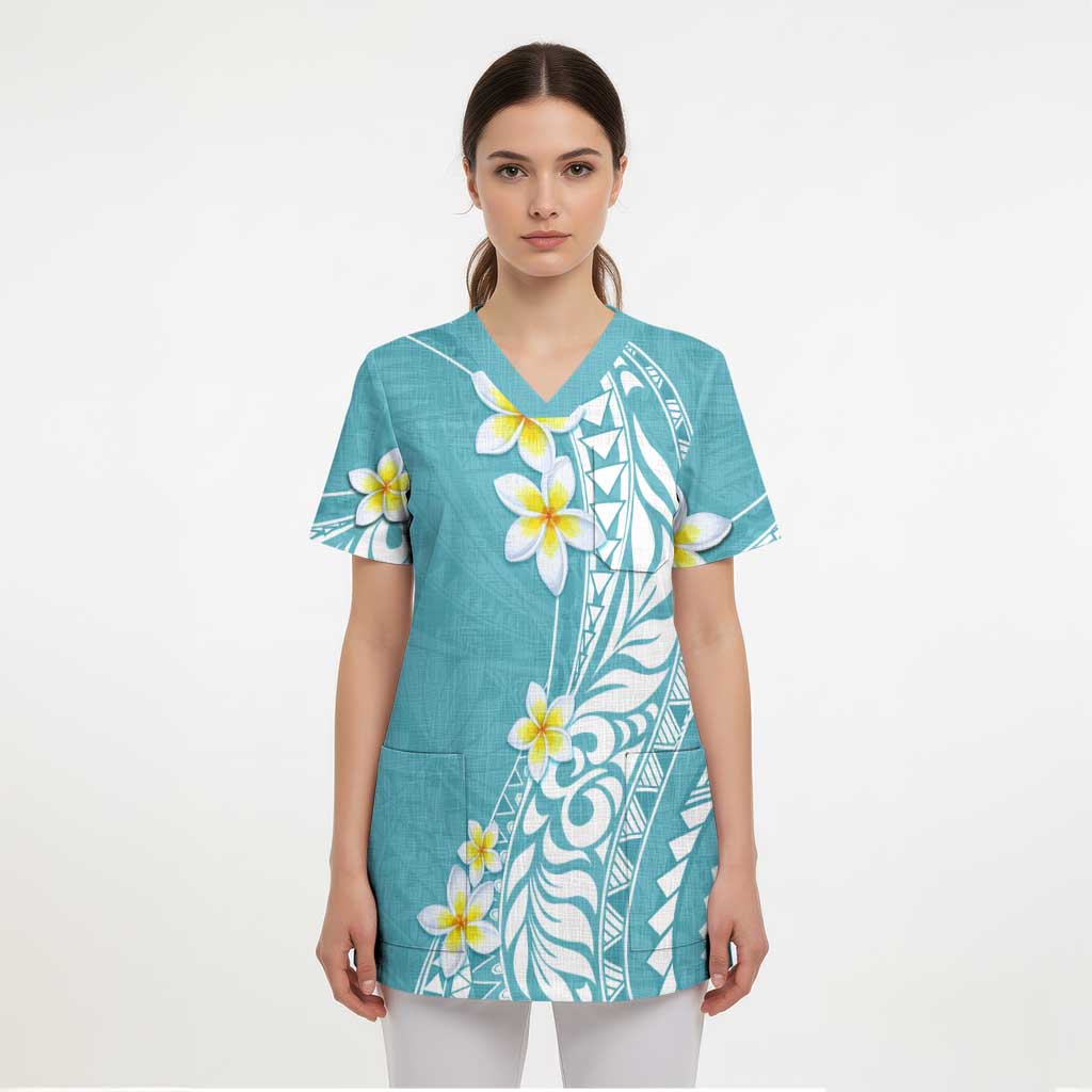 Hawaii Aloha Scrub Top Plumeria Vintage - Turquoise - Polynesian Pride