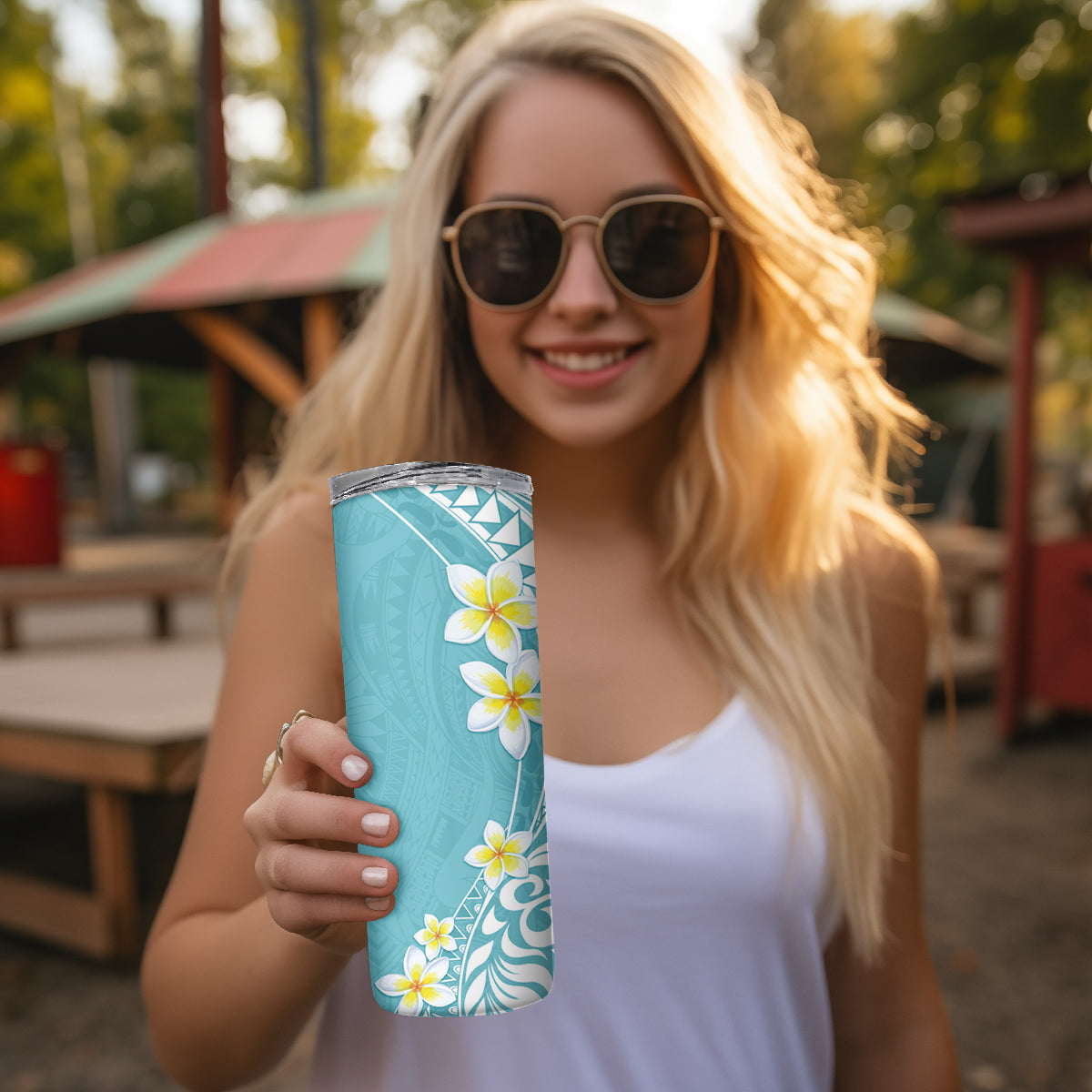 Hawaii Aloha Skinny Tumbler Plumeria Vintage - Turquoise LT7 - Polynesian Pride
