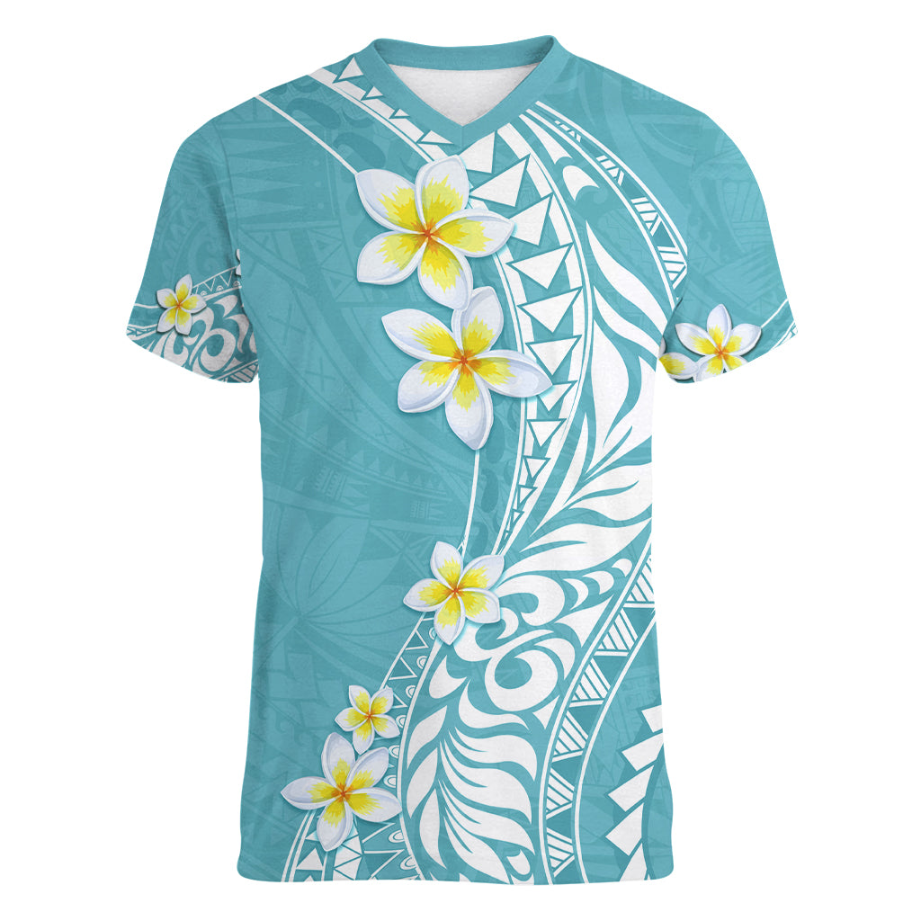 Hawaii Aloha Women V Neck T Shirt Plumeria Vintage - Turquoise LT7 Female Turquoise - Polynesian Pride