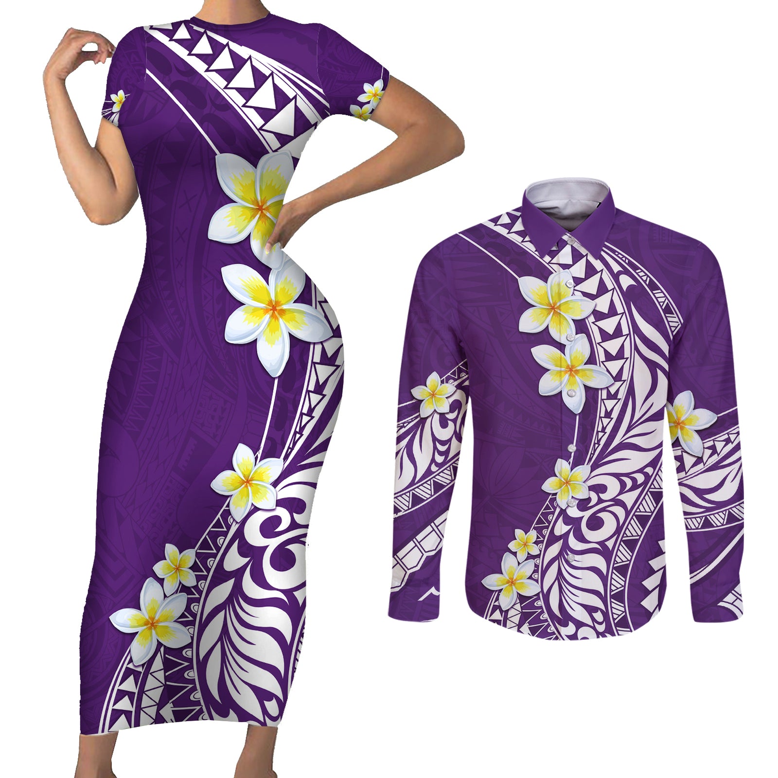Hawaii Aloha Couples Matching Short Sleeve Bodycon Dress and Long Sleeve Button Shirt Plumeria Vintage - Violet LT7 Violet - Polynesian Pride