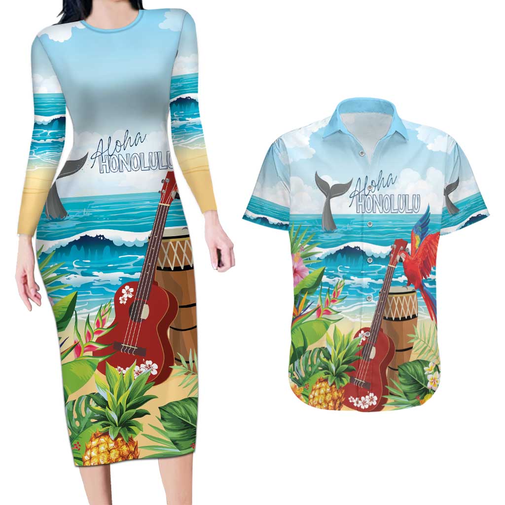 Aloha Honolulu Festival Couples Matching Long Sleeve Bodycon Dress and Hawaiian Shirt Ukulele By The Shore LT7 Art - Polynesian Pride