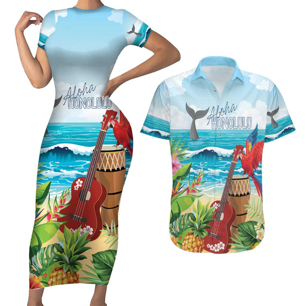 Aloha Honolulu Festival Couples Matching Short Sleeve Bodycon Dress and Hawaiian Shirt Ukulele By The Shore LT7 Art - Polynesian Pride