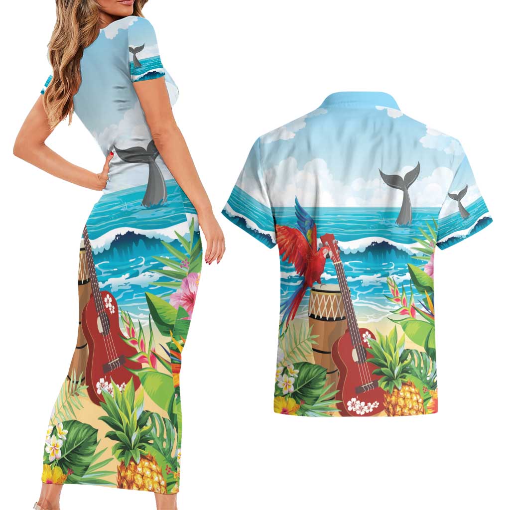 Aloha Honolulu Festival Couples Matching Short Sleeve Bodycon Dress and Hawaiian Shirt Ukulele By The Shore LT7 - Polynesian Pride